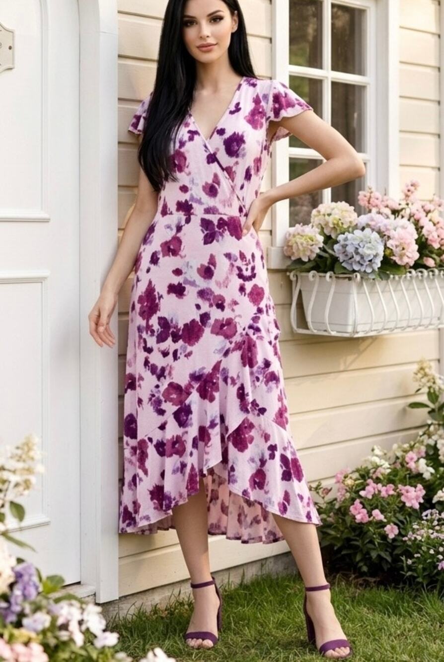 Floral Pink Purple Wrap Dress Sz L Cascading Ruffles Boho Romantic Fairy Cottage